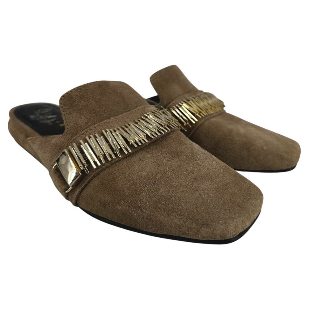 Cecelia New York Flipper Mule Flats Shoes Gold Chain Square Toe Suede Beige 6M